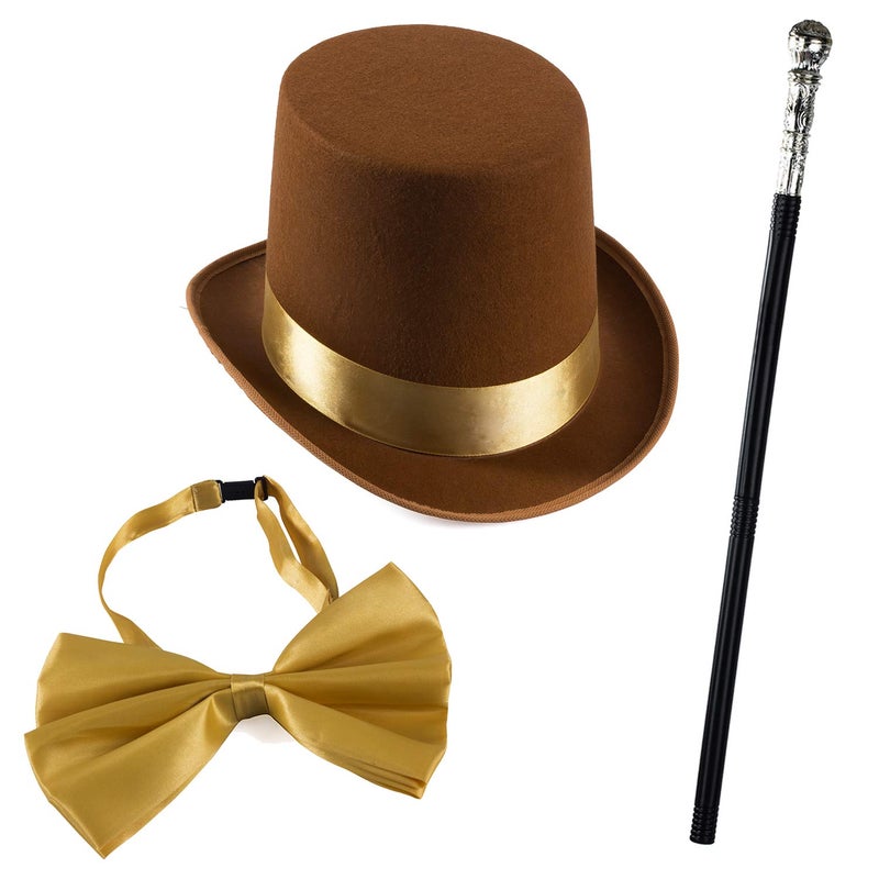 Tigerdoe Brown Top Hat and Bow Tie with Walking Scepter- 3 Pc Chocolate Factory Costume Set - Steampunk Top Hat Brown - Image 1